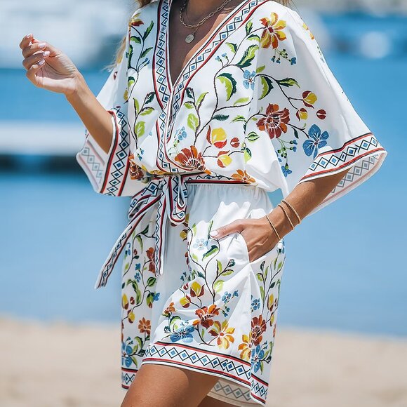 Cupshe White Floral Surplice Half Sleeve Romper Size XL | NWT - Picture 4 of 4